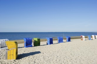 Colourful beach chairs, Föhr, North Frisian Islands, North Frisia, Schleswig-Holstein, Germany,