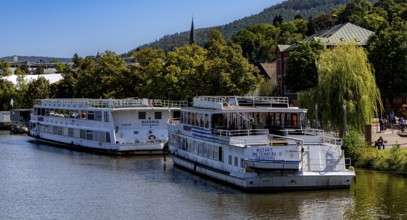 Passenger jetty, promenade on the banks of the Main, Miltenberg, Lower Franconia, Bavaria, Germany,