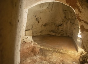 Interior of an ancient cave dwelling, known as Sassi, UNESCO World Heritage Site, Matera,