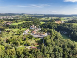 Aerial view of Langenstein Castle near Eigeltingen with surrounding golf course, Hegau, district of