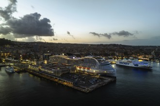 Naples Ferry Terminal at night from a drone, Molo Immacolatella Vecchia, Naples, Campania, Italy,