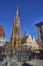 Deserted view of the beautiful fountain (Schöner Brunnen) in times of Corona (COVID-19),