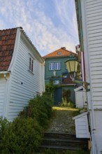 Narrow alley with cobblestones between historic houses, foreground white buildings, background