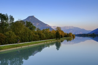 Inn at sunset, with mountains, Brannenburg, Inntal, Upper Bavaria, Bavaria, Germany, Europe