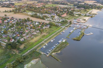 Aerial view of Lake Dümmer, nature reserve, shore, harbour, Hüde, Lower Saxony, Germany, Europe