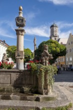 Town fountain in front of the tower of the parish church of the Assumption of the Virgin Mary,