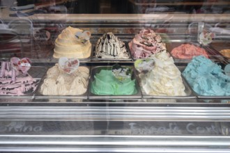 Ice cream flavours in the counter of an ice cream parlour, Bavaria, Germany, Europe