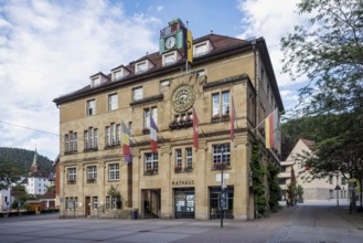 Town hall of the clock town of Schramberg in the Black Forest with astronomical clock. Schramberg,