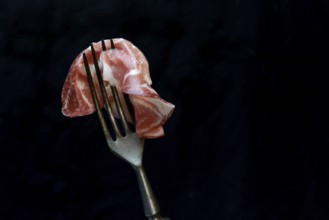 A slice of coppa on a fork, Italian sausage, Italy, Europe