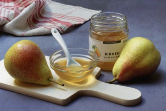 Pear jelly in peel and jar, pears