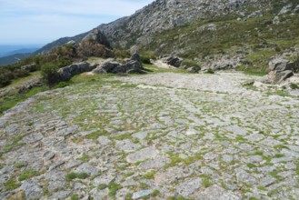 A cobbled path winds through a rocky and green landscape, old Roman road, at the Puerto del Pico,