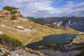 Lake Augstsee and the Atterkogel mountain on the Loser. View of other mountains. Autumn, good