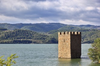 Wallachia, view of the Danube landscape, two towers, remains of the medieval fortress Trikule near