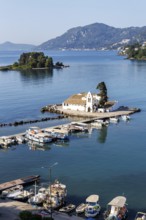 Vlacherna Monastery and Mouse Island in the Mediterranean Sea from above on the island of Corfu,