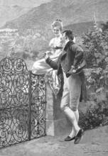 Man and woman flirting at a garden gate in summer, Historic, digitally restored reproduction from a