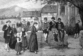 Church procession, family on the way to church, after a painting by Hubert Salentin, 1880,