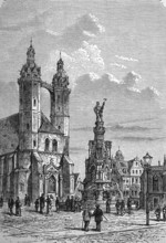 The war memorial and St Mary's Church in Halle, Saxony-Anhalt, Germany, in 1880, Historical,