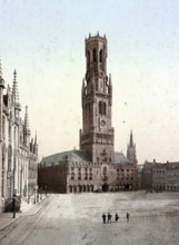 The Belfry on the Great Square in Bruges, Belgium, Historical, digitally restored reproduction from