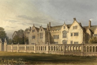 North West View of Harlaxton Manor House, Lincolnshire, England, digitally restored reproduction of