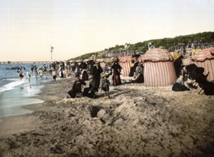 The beach at bathing season, Trouville, France, ca 1890, Historical, digitally restored