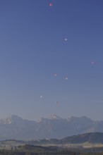 Hot air balloons, morning light, sunny, mountains, summer, Königswinkel, Tannheim Alps, Bavaria,