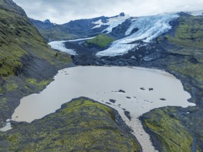 Aerial view of glacier Falljökull, a glacier tongue of Vatnajökull glacier, glacial lake, Iceland,