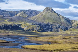 Skafta river and Uxatindar mountain range, view from road F206, Laki tourist road, Iceland, Europe