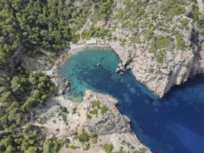 Aerial view of Cala de Es Portixol, Ibiza, Balearic Islands, Spain, Europe