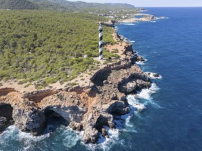 Aerial view of the lighthouse Far de sa Punta des Moscarter, Ibiza, Balearic Islands, Spain, Europe