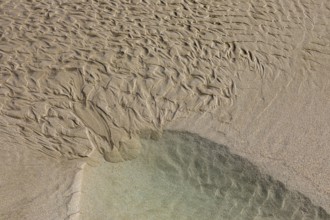 Seawater run-off leaves traces in the sand on Fazayat beach in Al Hauta, Dhofar province, Arabian