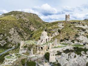 Ruins of the Church of Saint Francis of Assisi and Amantea Castle from a drone, Amantea, Tyrrhenian