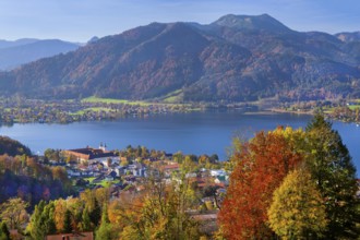 Panorama of the village and lake with the monastery castle in autumn, Tegernsee, Tegernsee,