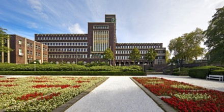 Flowerbeds in Grillopark with town hall Oberhausen, Ruhr area, North Rhine-Westphalia, Germany,