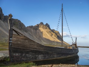 Replica of a viking ship, viking village, Stokksnes, east of Höfn, East Fjords, Iceland, Europe