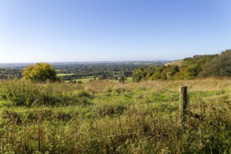 View over chalk scarp slope Vale of Pewsey, Pewsey Vale, Martinsell Hill, Oare, Wiltshire, England,