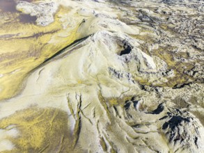 Moss-covered Laki crater or Lakagígar, series of craters, aerial view, interior highlands of