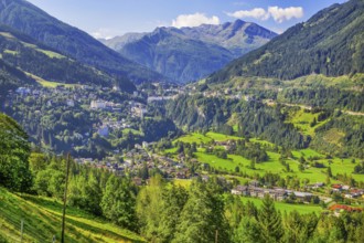 Panorama of valley and village with Radhausberg 2613m from the Gasteiner Höhenweg, Bad Gastein,