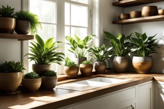 A sunlit kitchen corner, with a rustic wooden shelf holding neatly arranged ceramic bowls and a