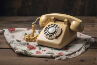 Old rotary phone sitting on a retro floral-patterned tablecloth, AI generated