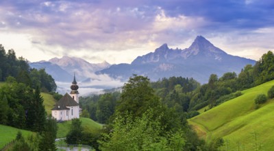 Maria Gern pilgrimage church, view of the Watzmann, in front of sunrise, Berchtesgarden Alps,