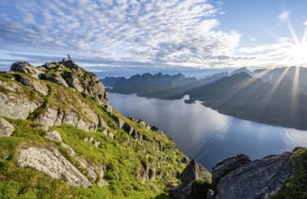 Mountaineer on the summit of Dronningsvarden or Stortinden, behind sea and fjord Umvågsundet,