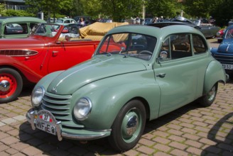 Green compact classic car at nostalgic outdoor car event, classic car, DKW F89, Lower Saxony,