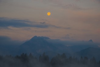 Morning atmosphere at full moon, Hopfensee, near Fuessen, Ostallgaeu, Allgaeu, Upper Swabia,