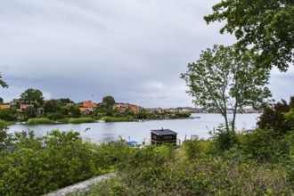 View from the island of Saltö to the famous allotment garden colony Brändaholm on the island of