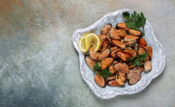 Mussels no shell, boiled, mussels, peeled, in a bowl, with lemon and parsley, Chilean mussels, top