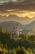 Neuschwanstein Castle in a mountainous landscape at sunset, surrounded by lush forests and dramatic