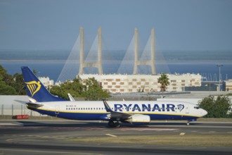 Lisbon, Portugal - September 2, 2023: Ryanair Boeing 737-8AS passenger plane taxi on runway in