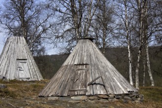 Goahti, kota, Sami wooden huts on the tundra, Lapland, Sweden, Europe