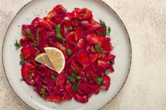 Salmon gravlax with beetroot, Scandinavian snack, beet gravlax, lightly salted fish, homemade, no