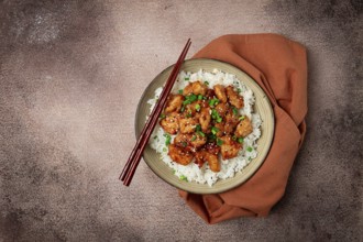 Fried chicken teriyaki with rice, green onion and sesame, homemade, no people